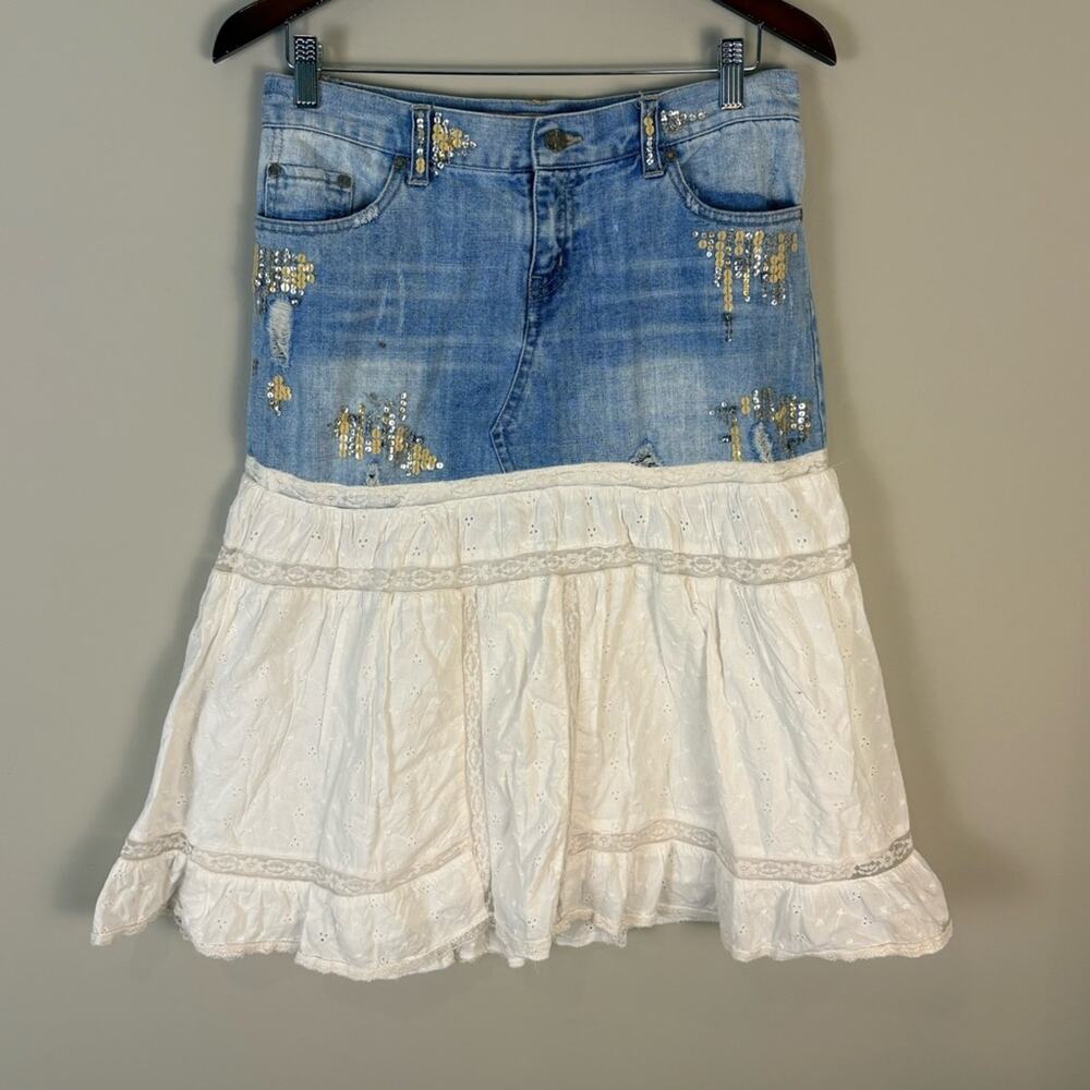 Wet Seal Denim Midi Skirt Lace Sequin Y2K 2000s McBling Vintage Women's Small